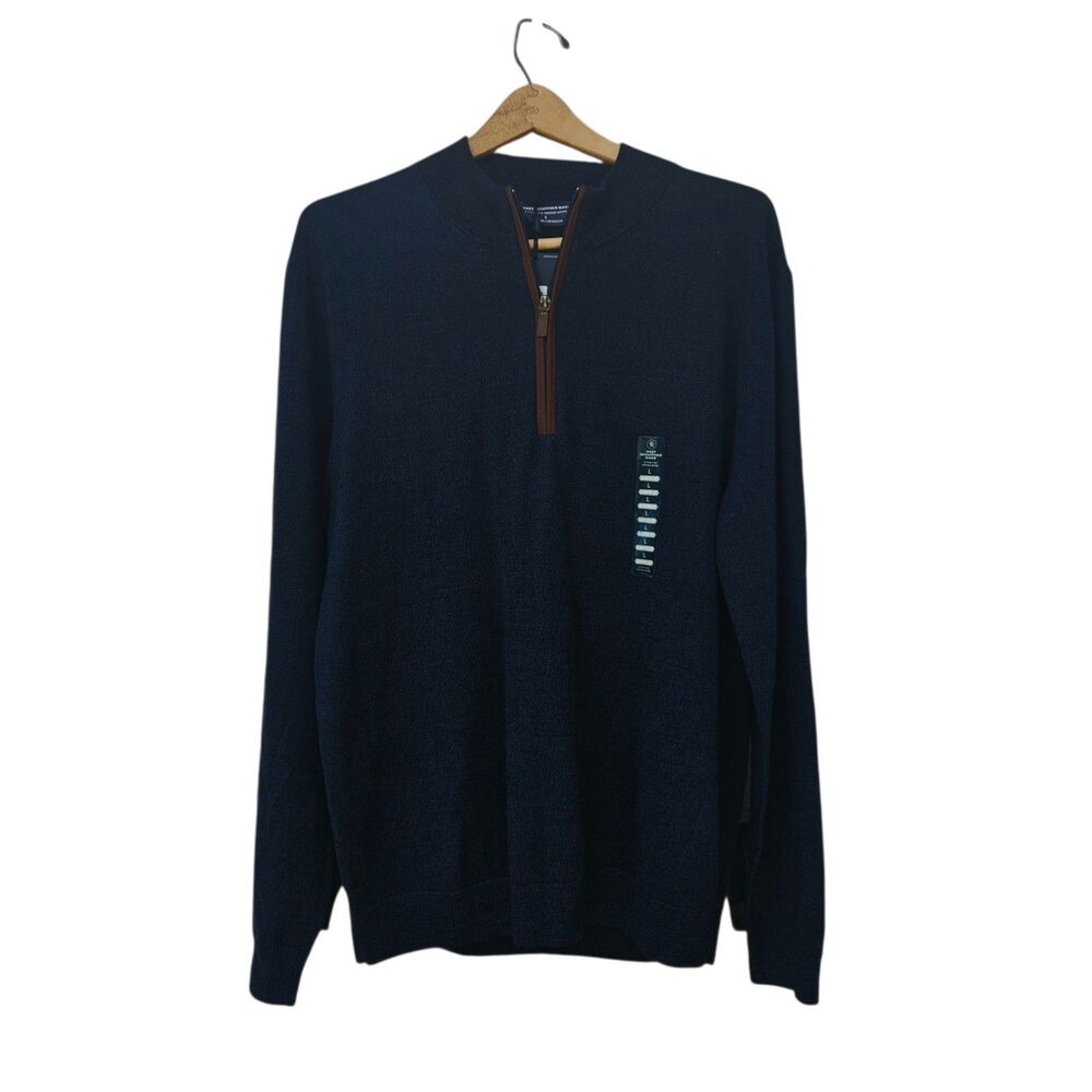 Hart Schaffner Marx Sweater Mens L Blue Merino Wool 1/4 Zip Mock Neck Pullover